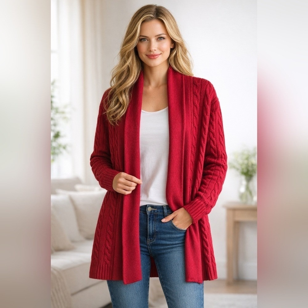 Ralph Lauren Black Label Red Cashmere Cable-Knit Open Front Cardigan Small Vtg